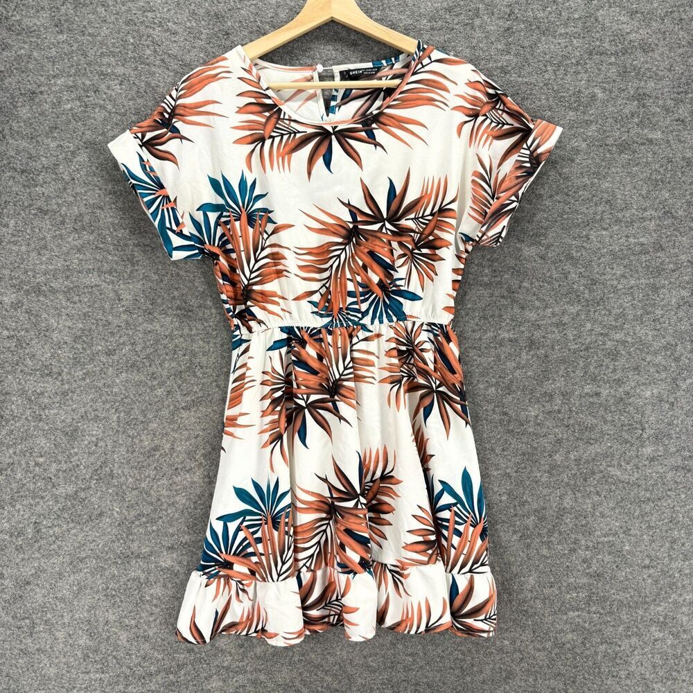 SheIn Dress Women L Large White Floral Sheath Short Hook & Eye Short Sleeve